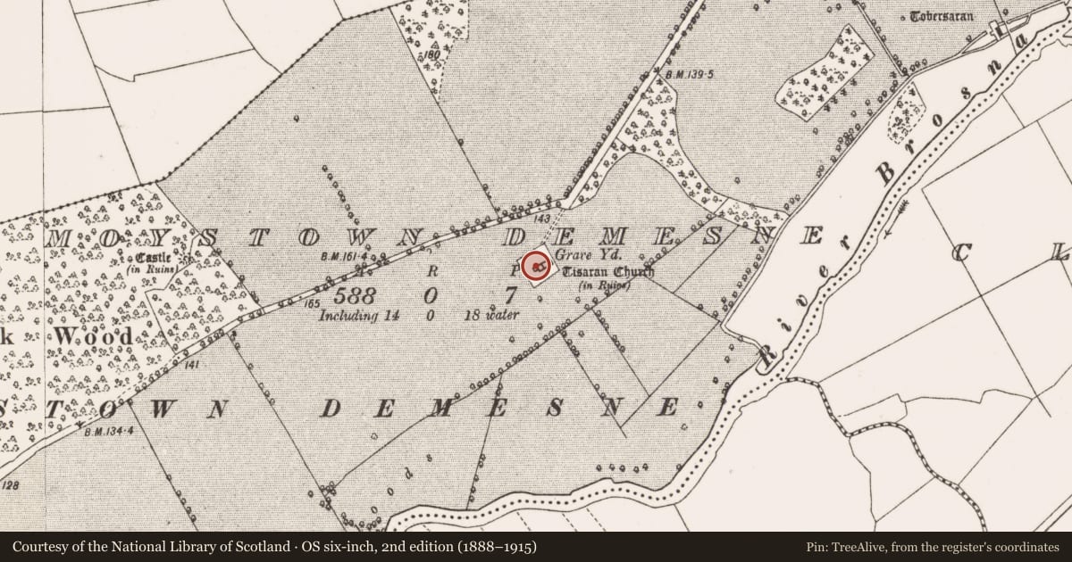 Ordnance Survey six-inch map, 2nd edition (1888–1915) covering the location of Graveyard, Moystown Demesne, County Offaly, with a pin at the register's coordinates