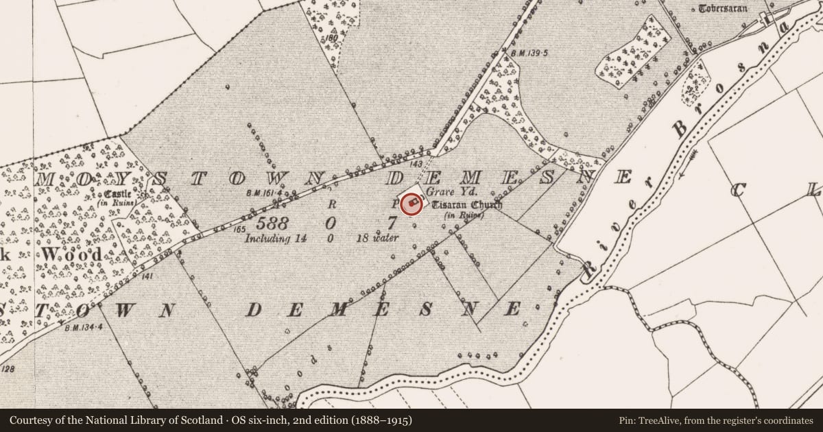Ordnance Survey six-inch map, 2nd edition (1888–1915) covering the location of Tomb - chest tomb, Moystown Demesne, County Offaly, with a pin at the register's coordinates