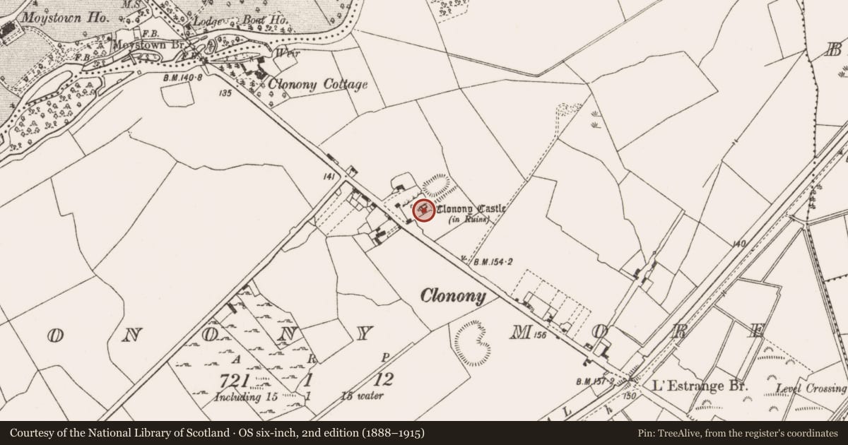 Ordnance Survey six-inch map, 2nd edition (1888–1915) covering the location of Castle - tower house, Clonony More, County Offaly, with a pin at the register's coordinates