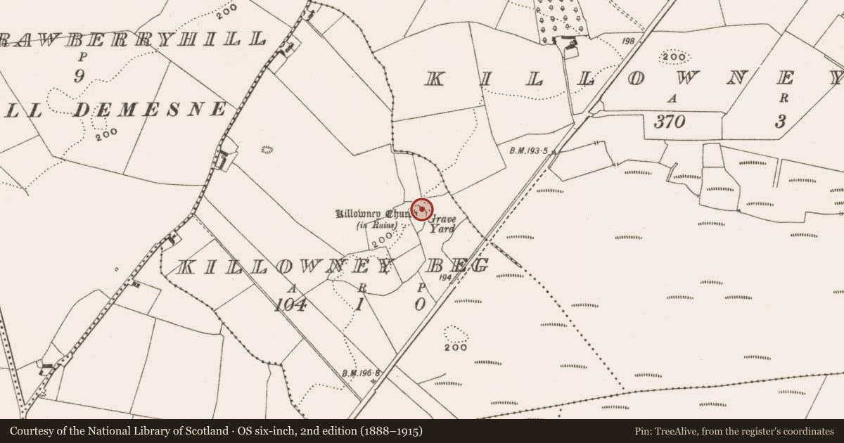 Ordnance Survey six-inch map, 2nd edition (1888–1915) covering the location of Church, Killowney Beg, County Offaly, with a pin at the register's coordinates