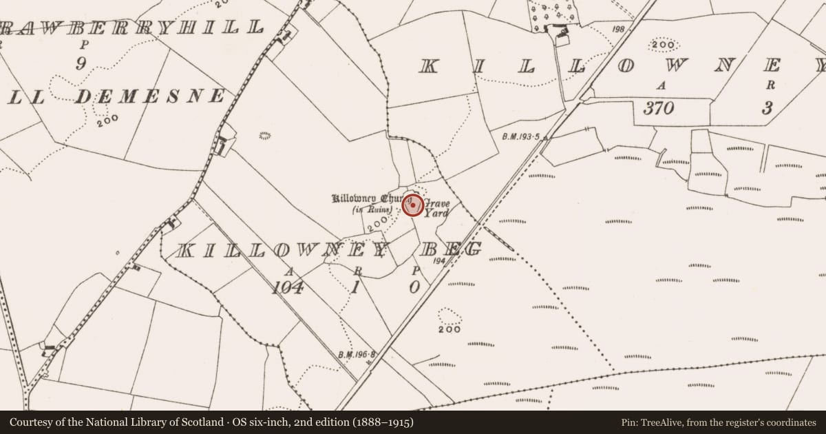 Ordnance Survey six-inch map, 2nd edition (1888–1915) covering the location of Graveyard, Killowney Beg, County Offaly, with a pin at the register's coordinates