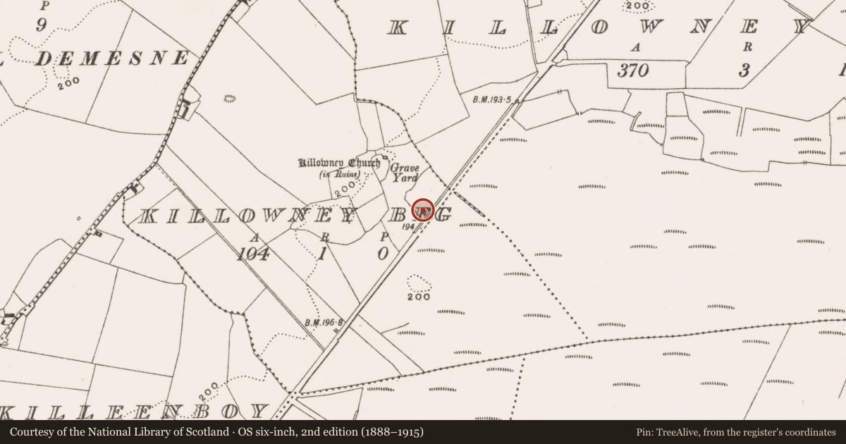 Ordnance Survey six-inch map, 2nd edition (1888–1915) covering the location of Fulacht fia, Killowney Beg, County Offaly, with a pin at the register's coordinates