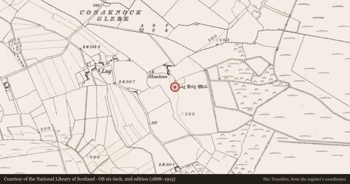 Ordnance Survey six-inch map, 2nd edition (1888–1915) covering the location of Ritual site - holy well, Stonestown, County Offaly, with a pin at the register's coordinates
