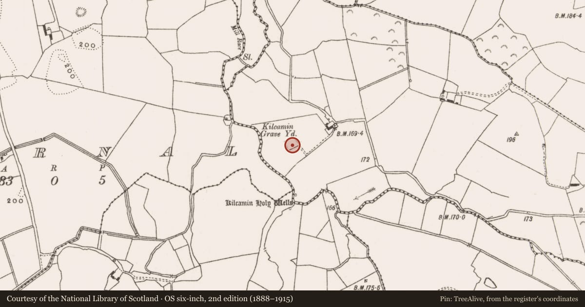Ordnance Survey six-inch map, 2nd edition (1888–1915) covering the location of Graveyard, Kilcamin, County Offaly, with a pin at the register's coordinates