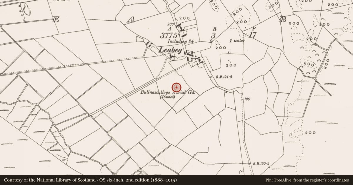 Ordnance Survey six-inch map, 2nd edition (1888–1915) covering the location of Enclosure, Lea Beg, County Offaly, with a pin at the register's coordinates