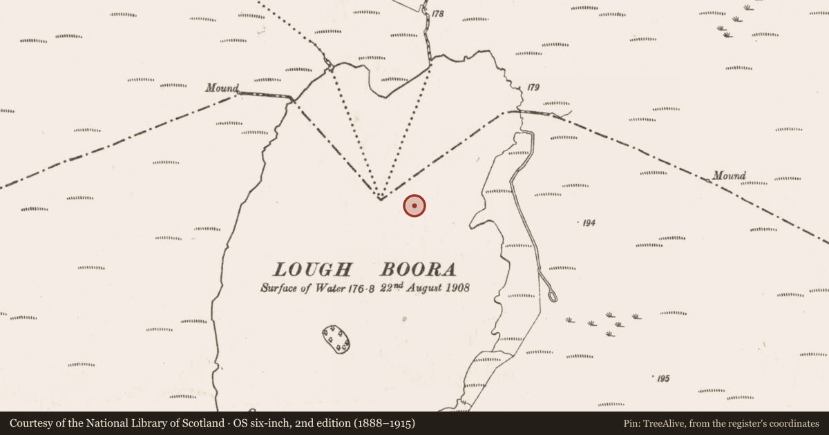 Ordnance Survey six-inch map, 2nd edition (1888–1915) covering the location of Habitation site, Broughal, County Offaly, with a pin at the register's coordinates
