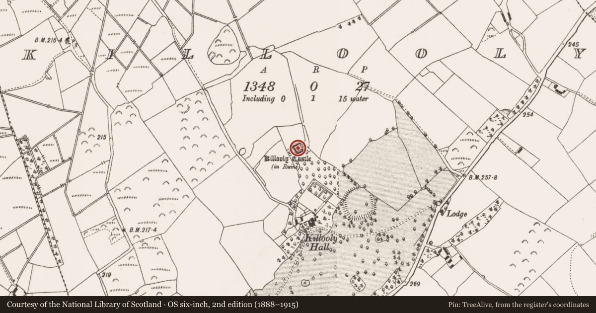 Ordnance Survey six-inch map, 2nd edition (1888–1915) covering the location of House - fortified house, Killooly, County Offaly, with a pin at the register's coordinates