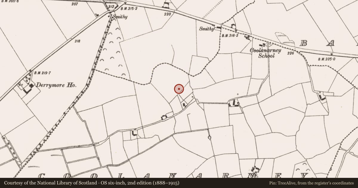 Ordnance Survey six-inch map, 2nd edition (1888–1915) covering the location of Enclosure, Coolanarney, County Offaly, with a pin at the register's coordinates