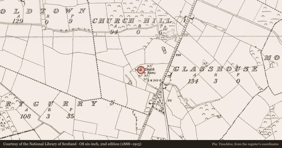 Ordnance Survey six-inch map, 2nd edition (1888–1915) covering the location of Church, Church Hill, County Offaly, with a pin at the register's coordinates