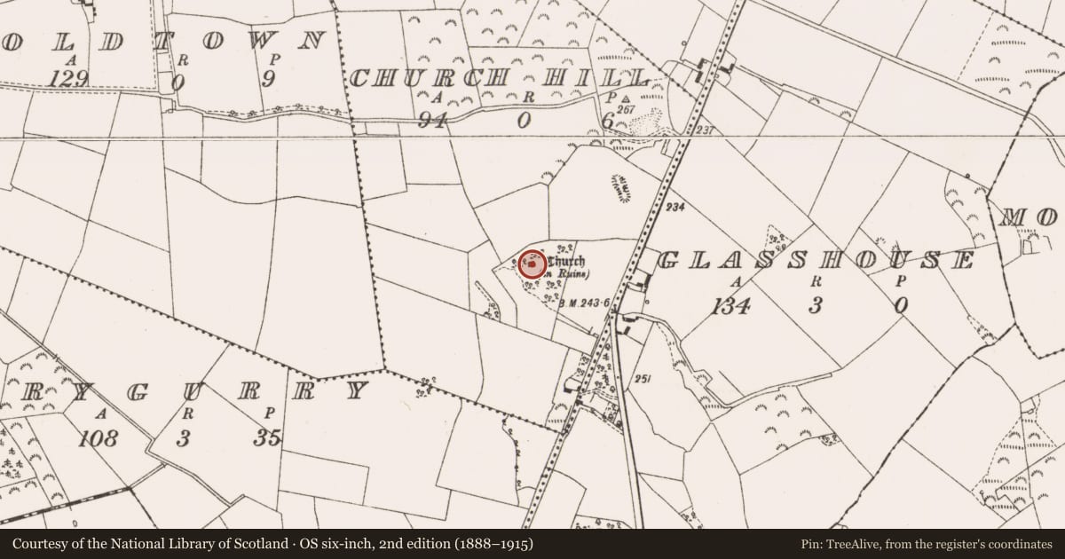 Ordnance Survey six-inch map, 2nd edition (1888–1915) covering the location of Graveyard, Church Hill, County Offaly, with a pin at the register's coordinates