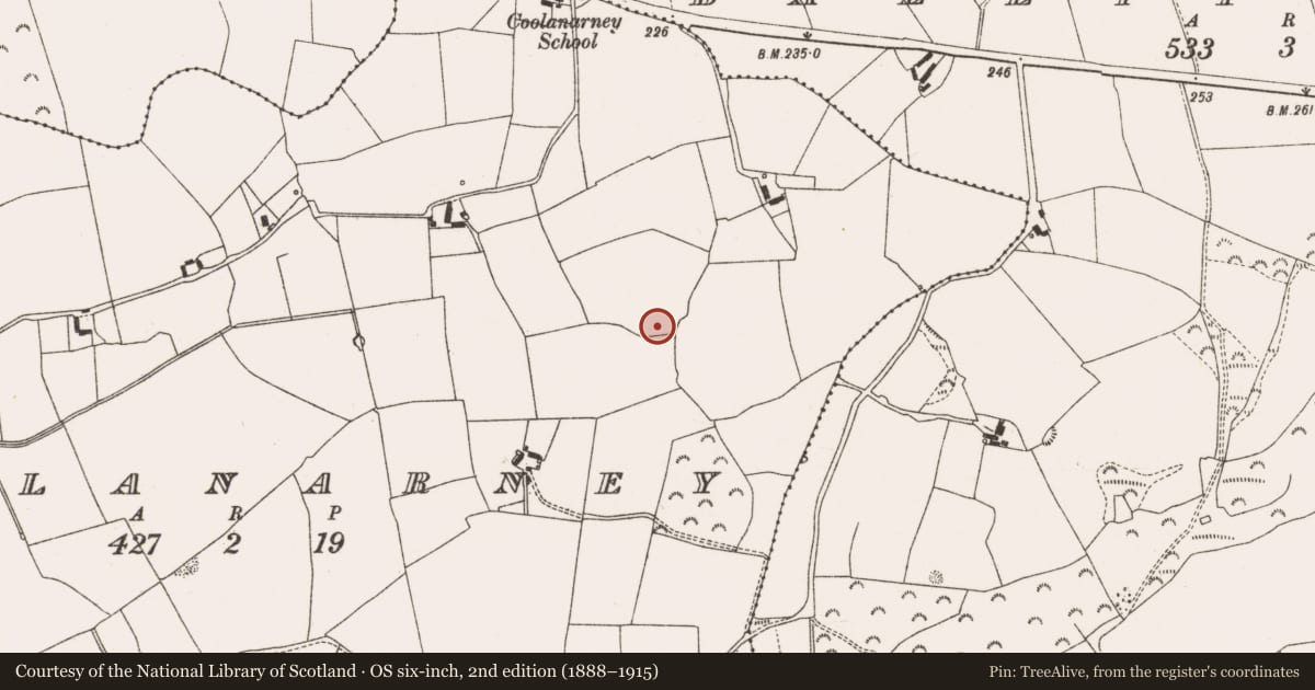 Ordnance Survey six-inch map, 2nd edition (1888–1915) covering the location of Enclosure, Coolanarney, County Offaly, with a pin at the register's coordinates