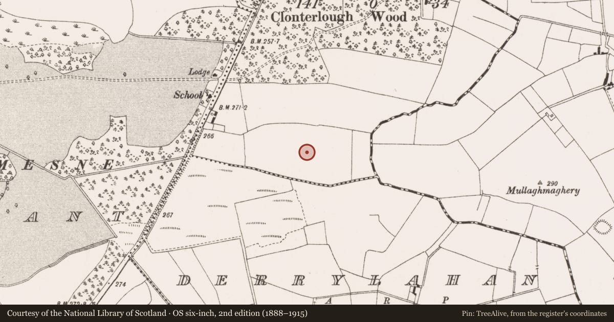 Ordnance Survey six-inch map, 2nd edition (1888–1915) covering the location of Enclosure, Clonterlough, County Offaly, with a pin at the register's coordinates