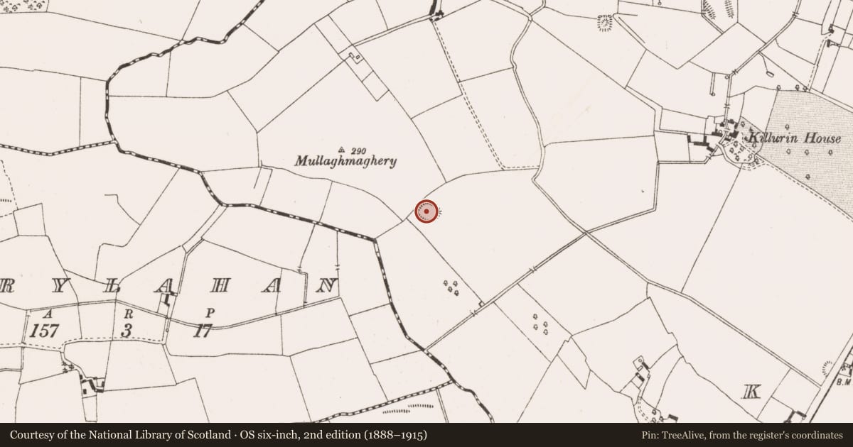 Ordnance Survey six-inch map, 2nd edition (1888–1915) covering the location of Enclosure, Killurin, County Offaly, with a pin at the register's coordinates