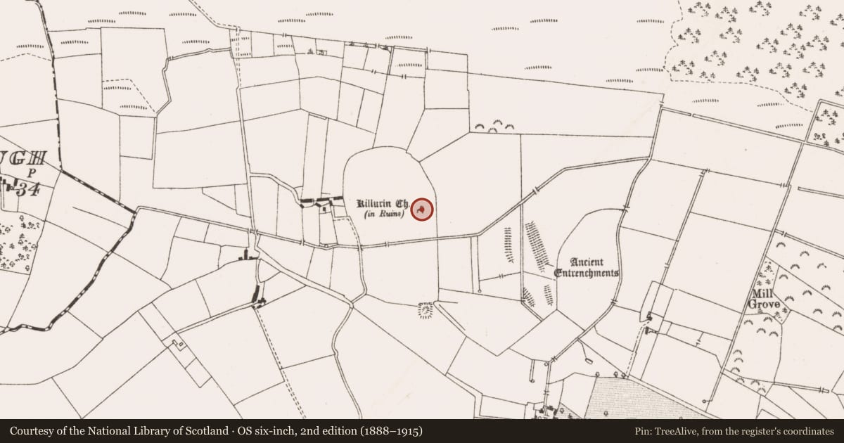 Ordnance Survey six-inch map, 2nd edition (1888–1915) covering the location of Church, Killurin, County Offaly, with a pin at the register's coordinates