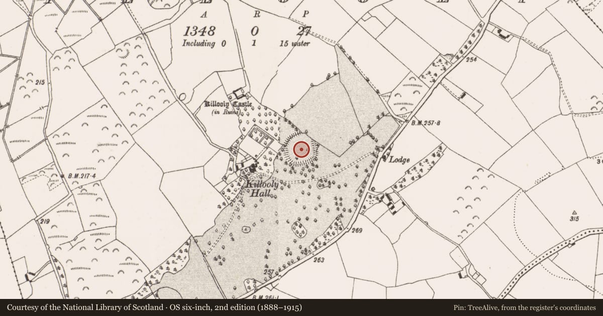 Ordnance Survey six-inch map, 2nd edition (1888–1915) covering the location of Enclosure, Killooly, County Offaly, with a pin at the register's coordinates