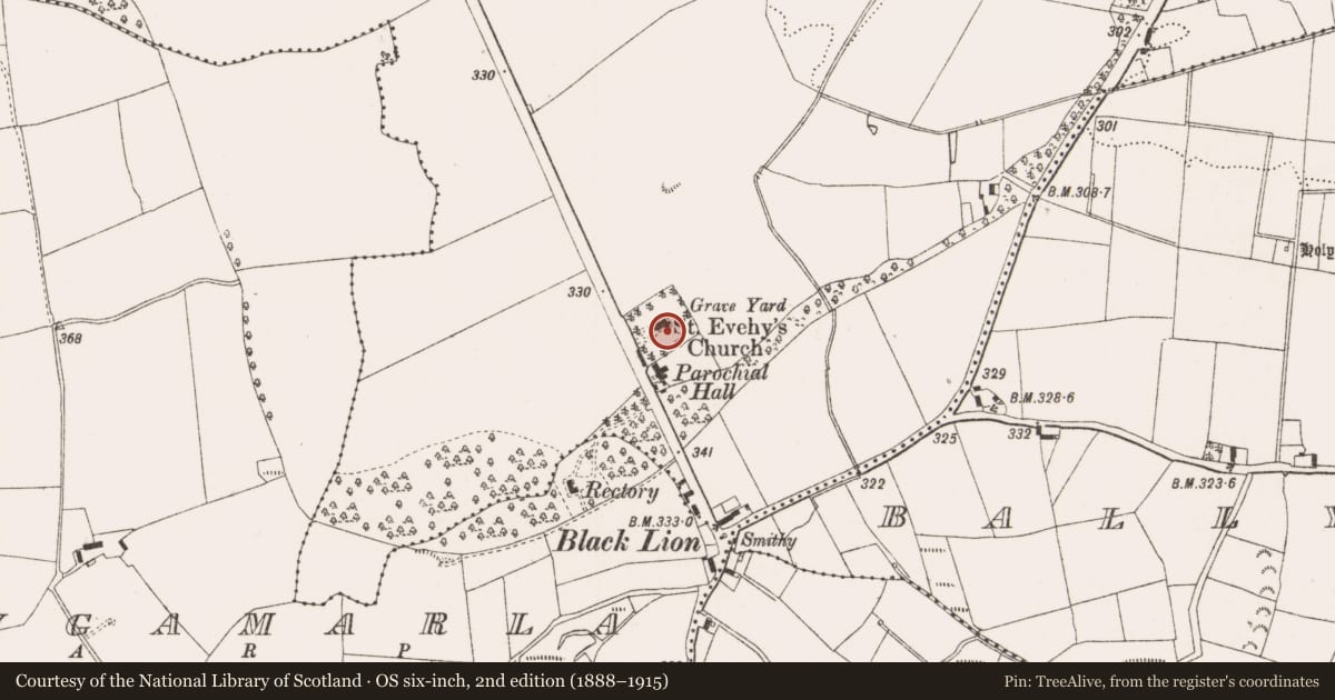 Ordnance Survey six-inch map, 2nd edition (1888–1915) covering the location of Burial ground, Mountpleasant, County Offaly, with a pin at the register's coordinates