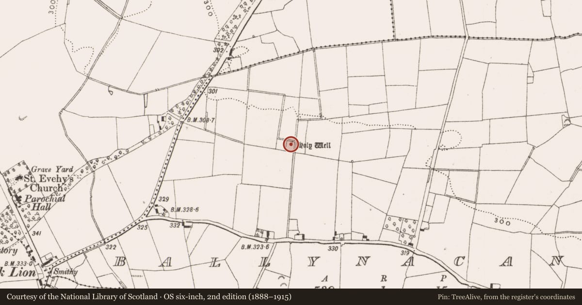 Ordnance Survey six-inch map, 2nd edition (1888–1915) covering the location of Ritual site - holy well, Ballynacanty, County Offaly, with a pin at the register's coordinates