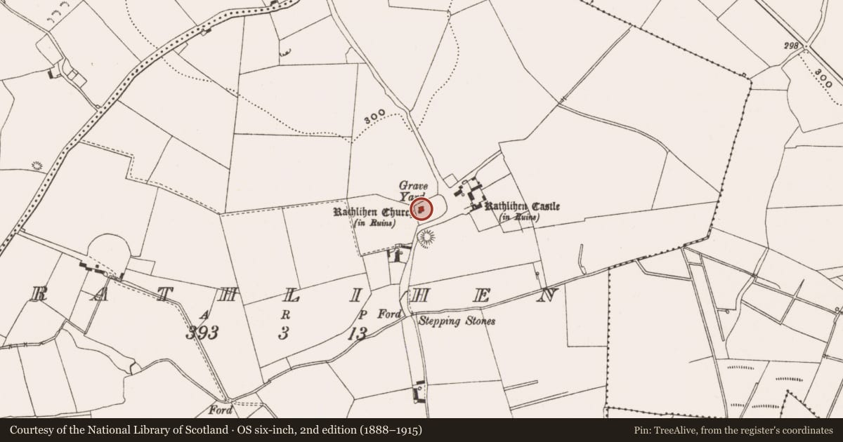 Ordnance Survey six-inch map, 2nd edition (1888–1915) covering the location of Graveyard, Rathlihen, County Offaly, with a pin at the register's coordinates