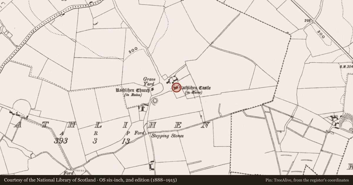 Ordnance Survey six-inch map, 2nd edition (1888–1915) covering the location of Castle - tower house, Rathlihen, County Offaly, with a pin at the register's coordinates