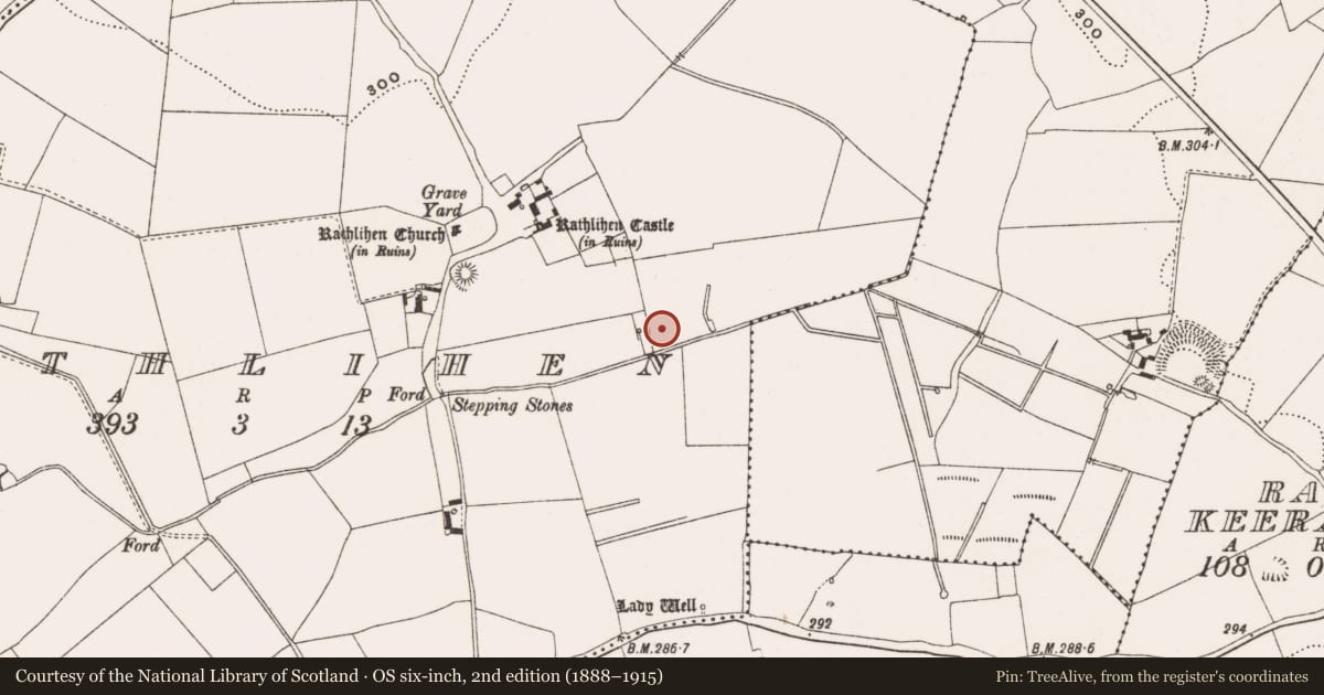Ordnance Survey six-inch map, 2nd edition (1888–1915) covering the location of Fulacht fia, Rathlihen, County Offaly, with a pin at the register's coordinates