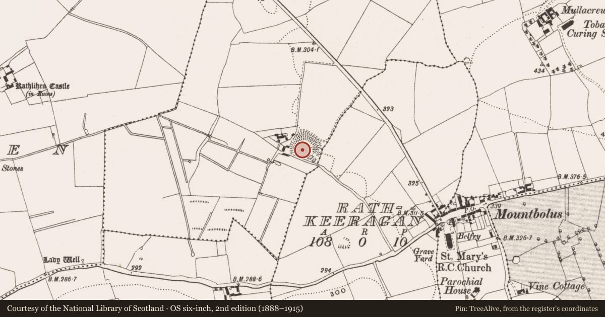 Ordnance Survey six-inch map, 2nd edition (1888–1915) covering the location of Ringfort - rath, Lowerton Beg, County Offaly, with a pin at the register's coordinates