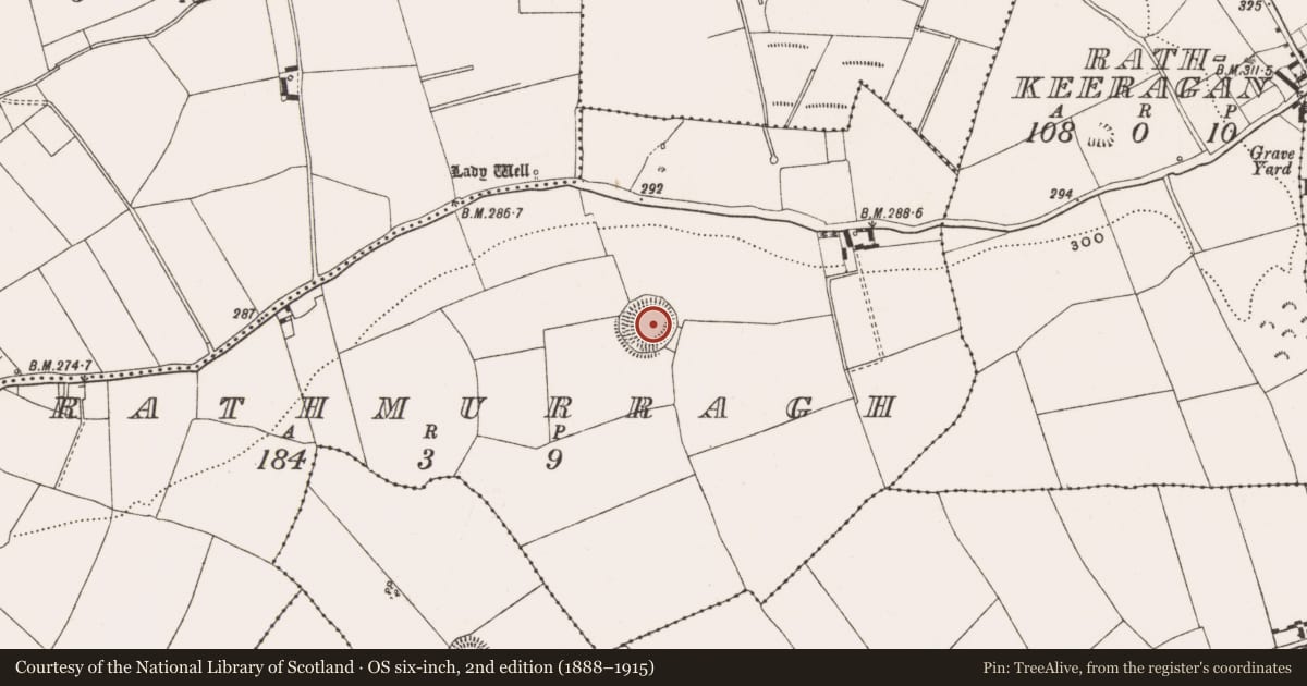 Ordnance Survey six-inch map, 2nd edition (1888–1915) covering the location of Ringfort - unclassified, Rathmurragh, County Offaly, with a pin at the register's coordinates