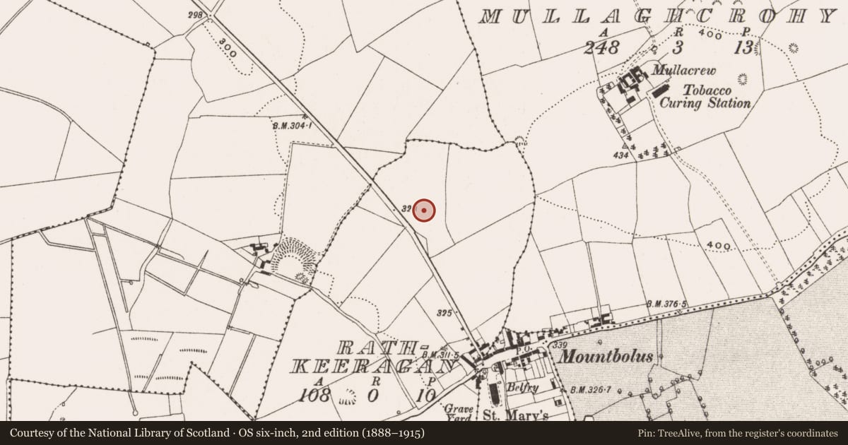 Ordnance Survey six-inch map, 2nd edition (1888–1915) covering the location of Enclosure, Rathkeeragan, County Offaly, with a pin at the register's coordinates