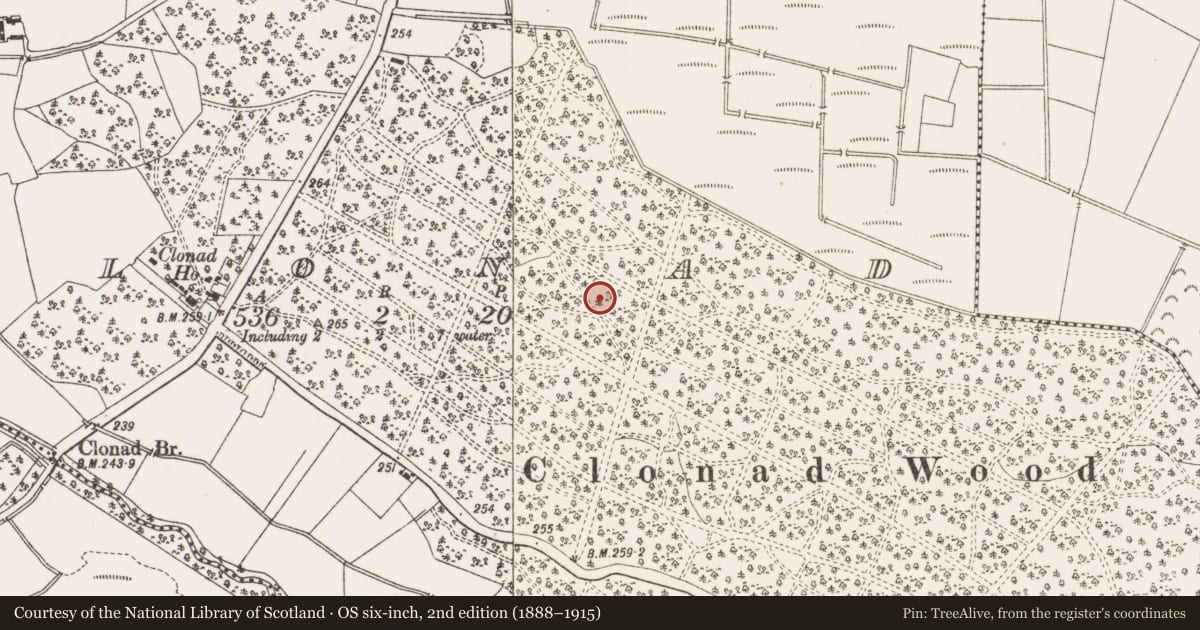 Ordnance Survey six-inch map, 2nd edition (1888–1915) covering the location of Enclosure, Clonad, County Offaly, with a pin at the register's coordinates