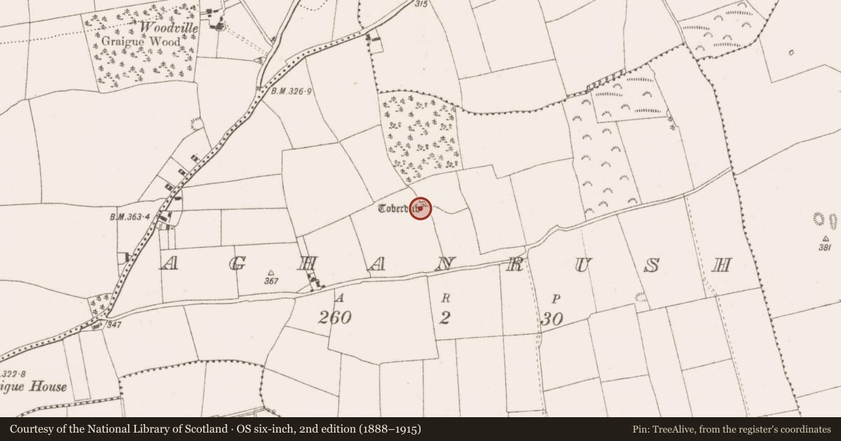 Ordnance Survey six-inch map, 2nd edition (1888–1915) covering the location of Well, Aghanrush, County Offaly, with a pin at the register's coordinates
