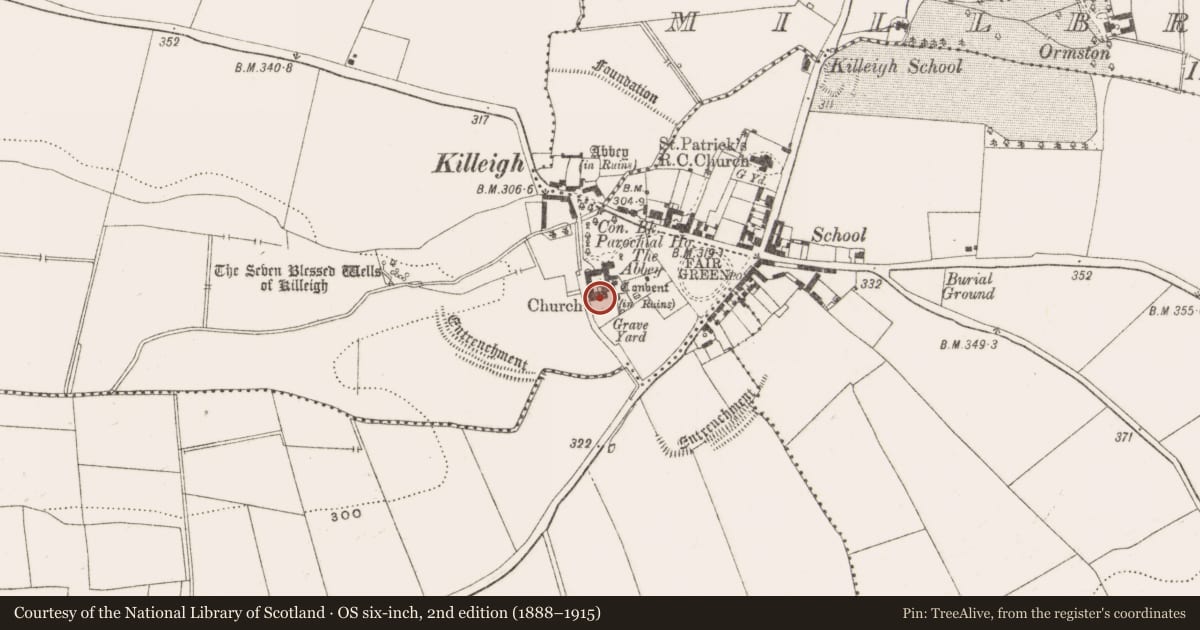 Ordnance Survey six-inch map, 2nd edition (1888–1915) covering the location of Religious house - Franciscan friars, Killeigh, County Offaly, with a pin at the register's coordinates