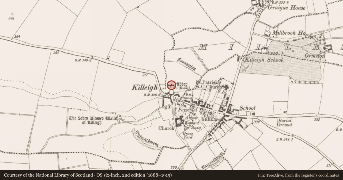 Ordnance Survey six-inch map, 2nd edition (1888–1915) covering the location of Religious house - Augustinian canons, Millbrook, County Offaly, with a pin at the register's coordinates