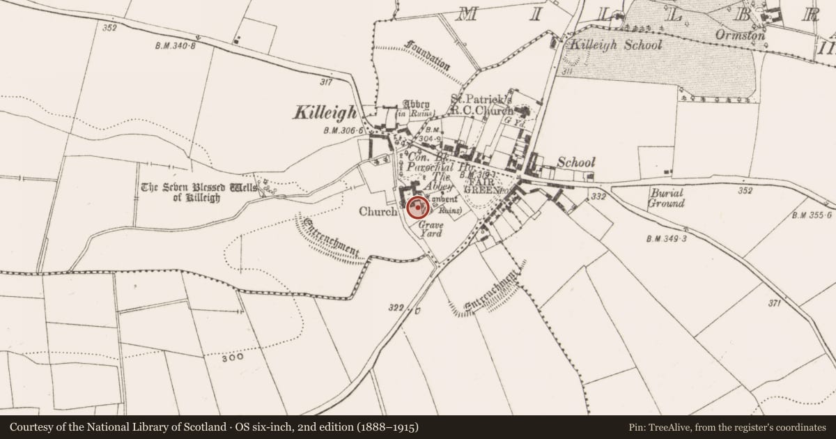 Ordnance Survey six-inch map, 2nd edition (1888–1915) covering the location of Graveslab, Killeigh, County Offaly, with a pin at the register's coordinates