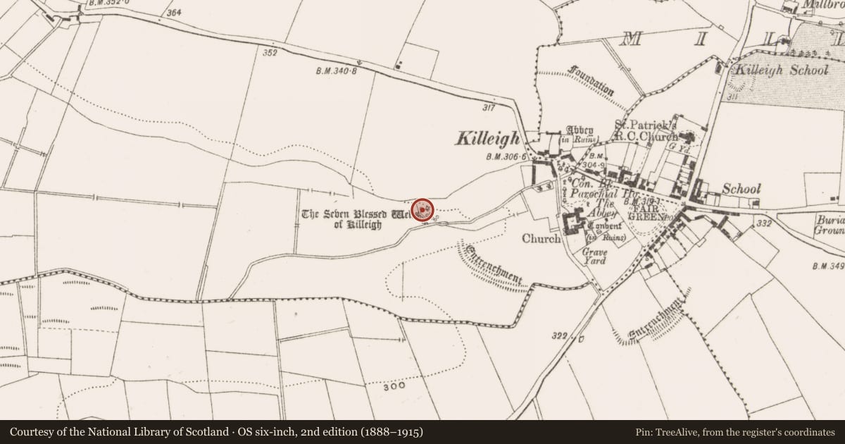Ordnance Survey six-inch map, 2nd edition (1888–1915) covering the location of Ritual site - holy well, Killeigh, County Offaly, with a pin at the register's coordinates