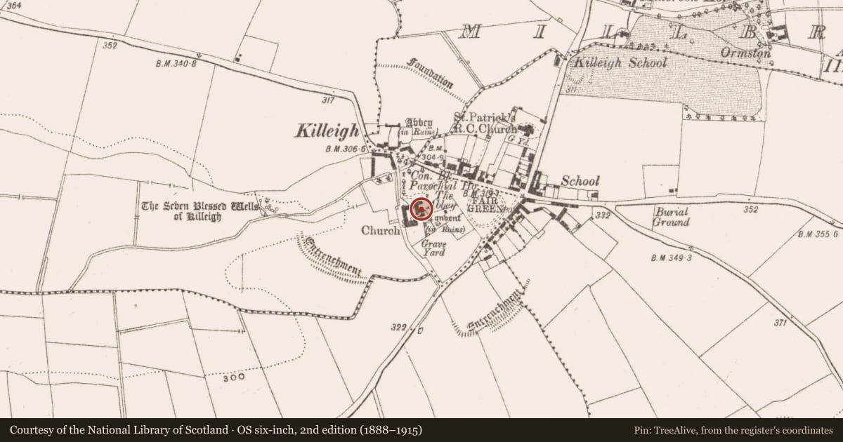 Ordnance Survey six-inch map, 2nd edition (1888–1915) covering the location of Architectural fragment, Killeigh, County Offaly, with a pin at the register's coordinates