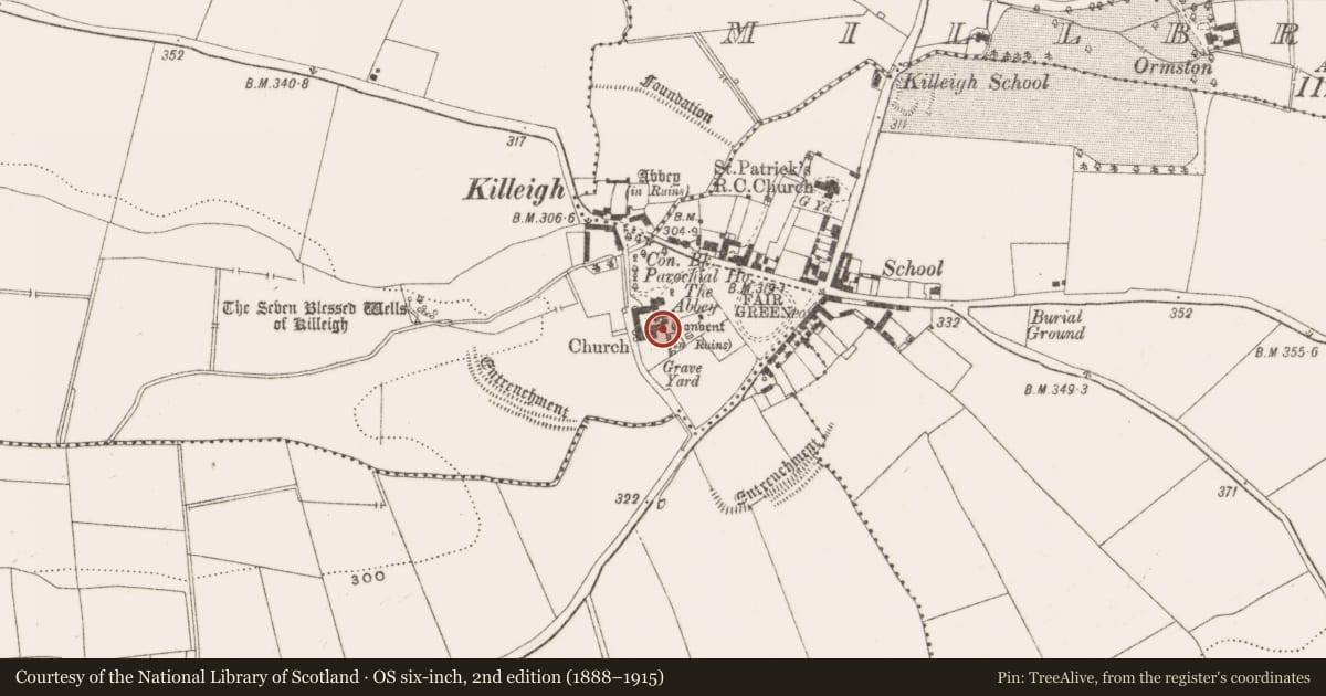 Ordnance Survey six-inch map, 2nd edition (1888–1915) covering the location of Architectural fragment, Killeigh, County Offaly, with a pin at the register's coordinates