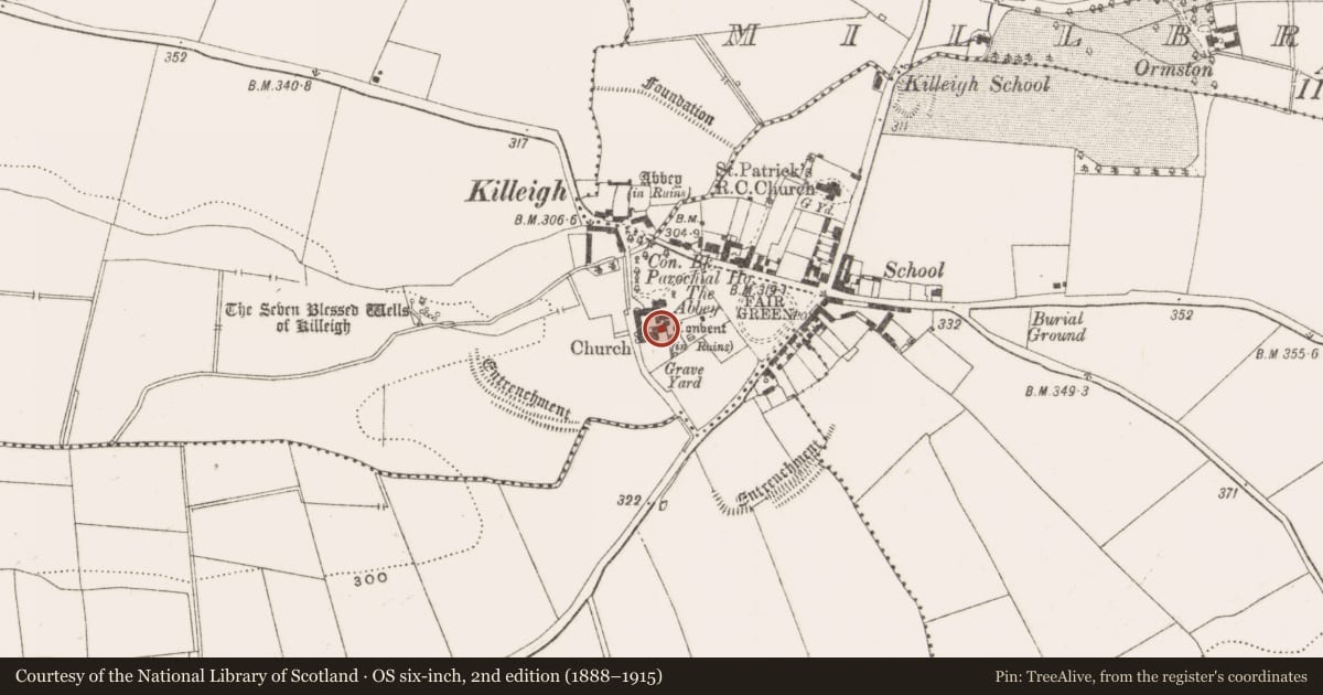 Ordnance Survey six-inch map, 2nd edition (1888–1915) covering the location of Cross-slab, Killeigh, County Offaly, with a pin at the register's coordinates