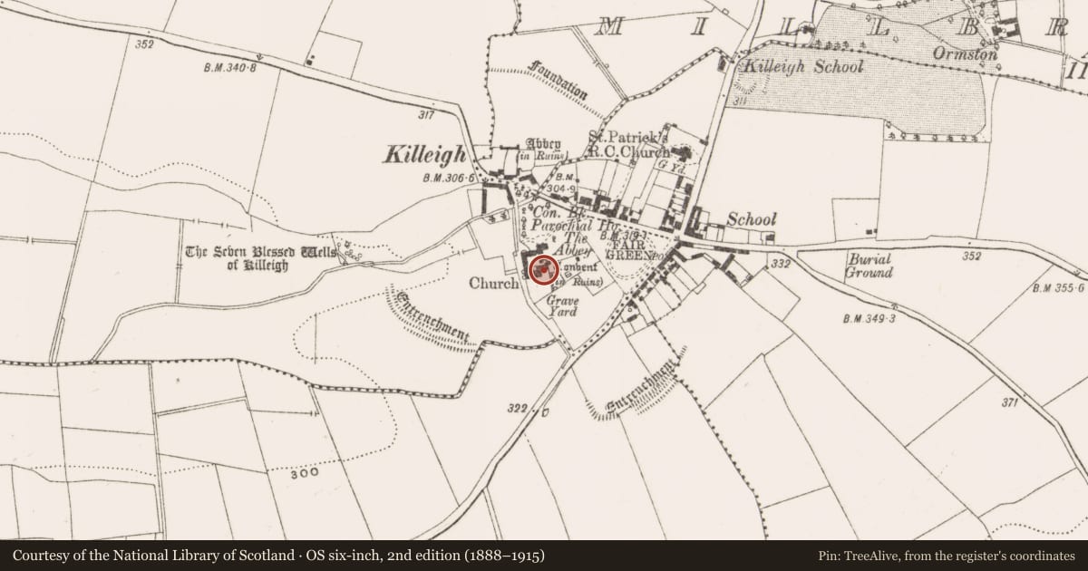 Ordnance Survey six-inch map, 2nd edition (1888–1915) covering the location of Cross-slab, Killeigh, County Offaly, with a pin at the register's coordinates