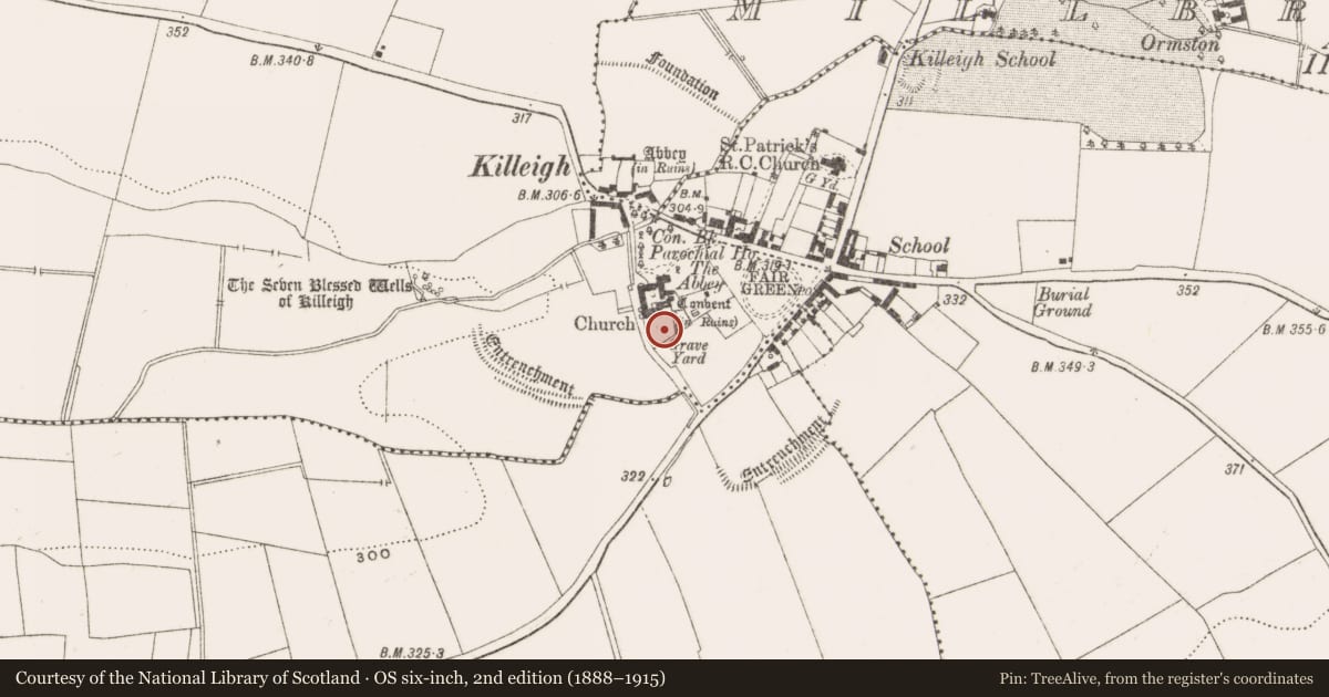 Ordnance Survey six-inch map, 2nd edition (1888–1915) covering the location of Graveslab, Killeigh, County Offaly, with a pin at the register's coordinates