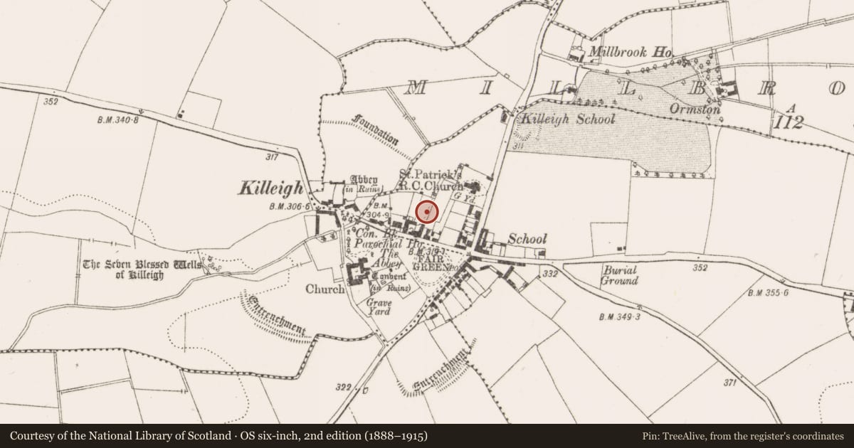 Ordnance Survey six-inch map, 2nd edition (1888–1915) covering the location of Burial ground, Killeigh, County Offaly, with a pin at the register's coordinates