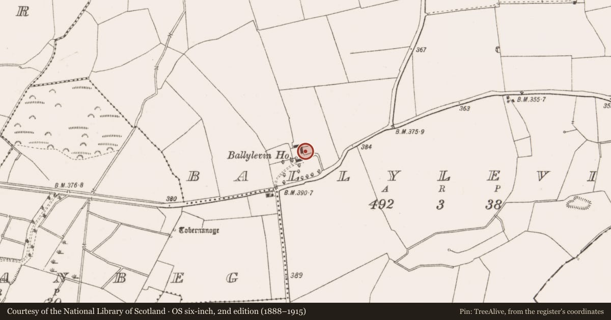 Ordnance Survey six-inch map, 2nd edition (1888–1915) covering the location of Enclosure, Ballylevin, County Offaly, with a pin at the register's coordinates