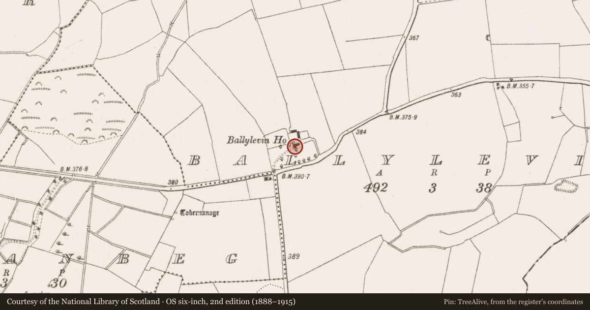 Ordnance Survey six-inch map, 2nd edition (1888–1915) covering the location of House - 17th century, Ballylevin, County Offaly, with a pin at the register's coordinates