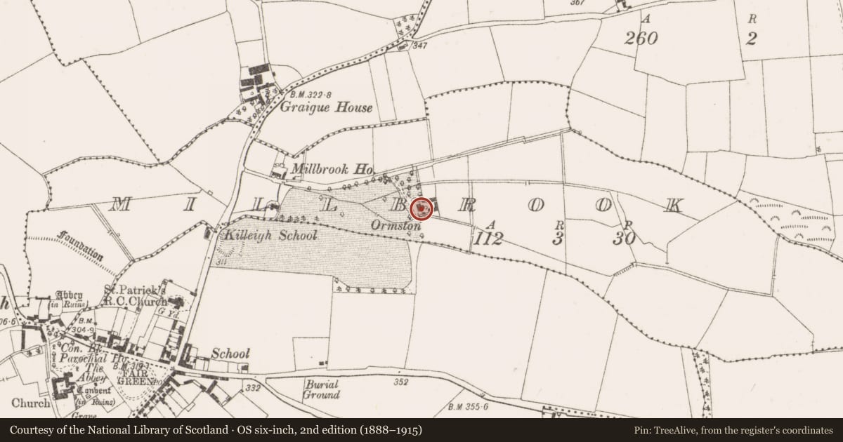 Ordnance Survey six-inch map, 2nd edition (1888–1915) covering the location of House - 17th century, Millbrook, County Offaly, with a pin at the register's coordinates