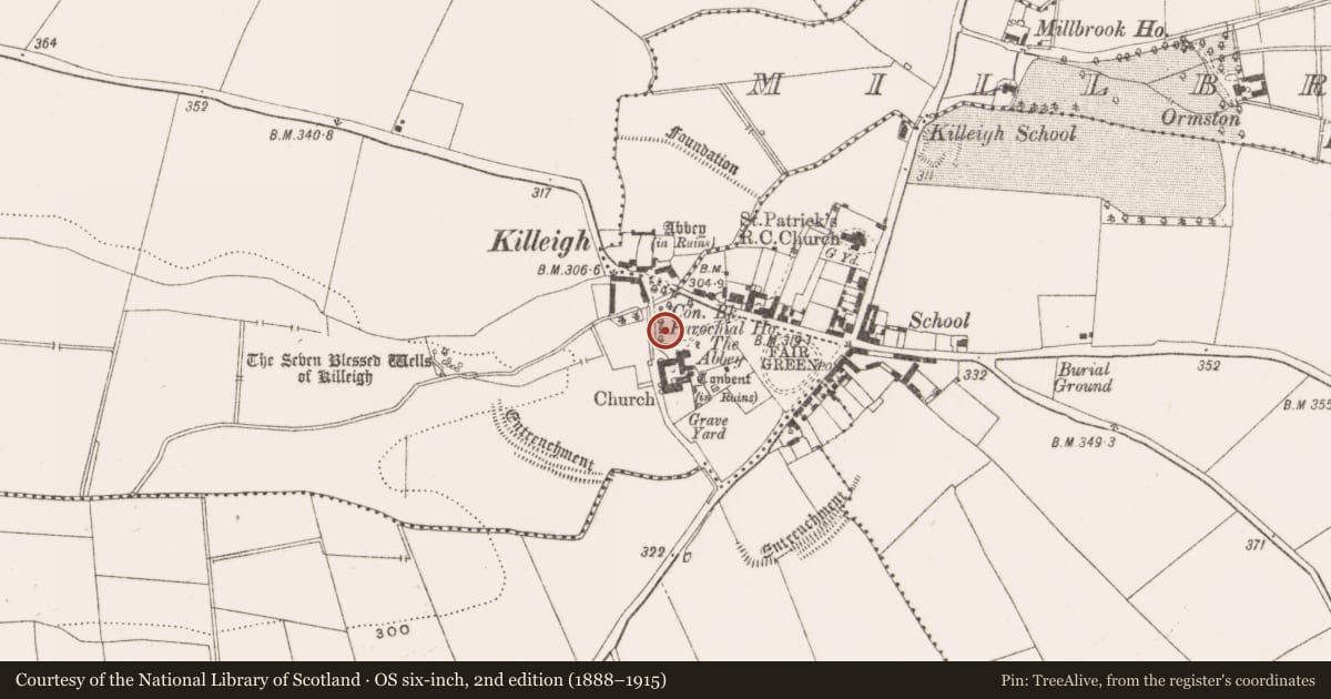 Ordnance Survey six-inch map, 2nd edition (1888–1915) covering the location of Burial ground, Killeigh, County Offaly, with a pin at the register's coordinates