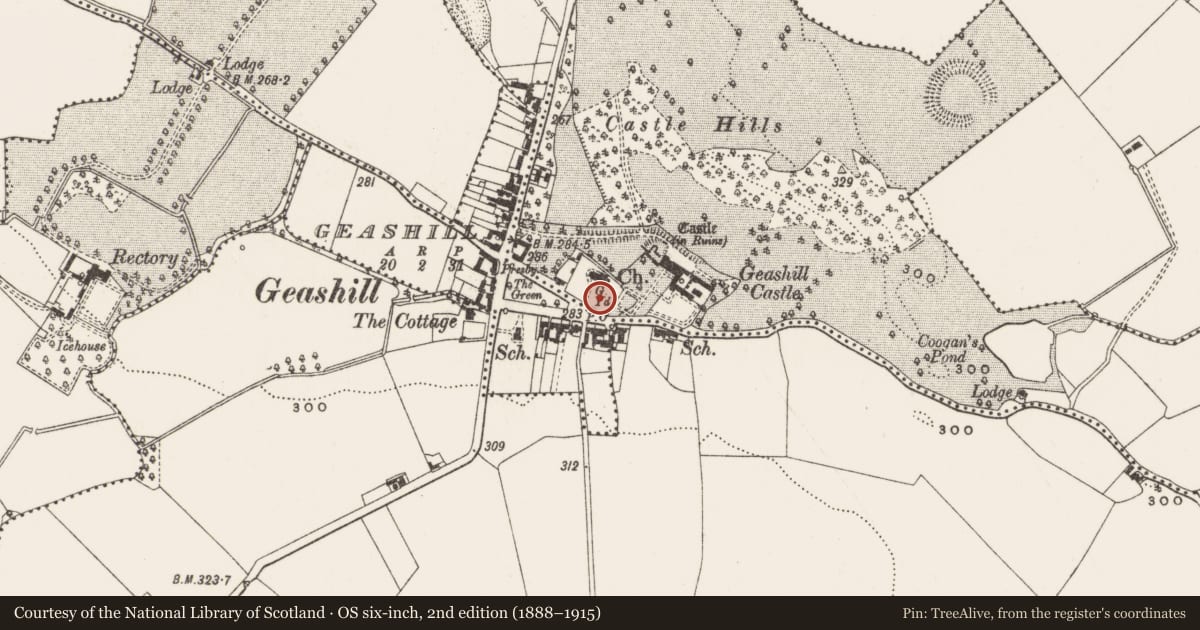 Ordnance Survey six-inch map, 2nd edition (1888–1915) covering the location of Graveyard, Dalgan, County Offaly, with a pin at the register's coordinates