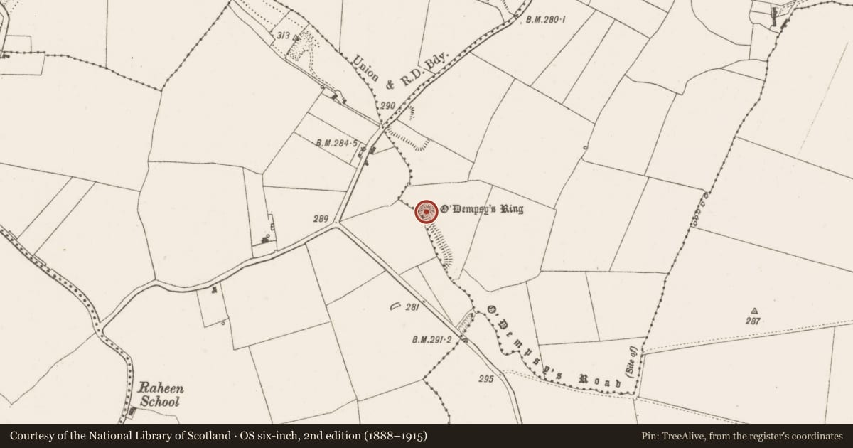 Ordnance Survey six-inch map, 2nd edition (1888–1915) covering the location of Barrow - ring-barrow, Ballykean, County Offaly, with a pin at the register's coordinates