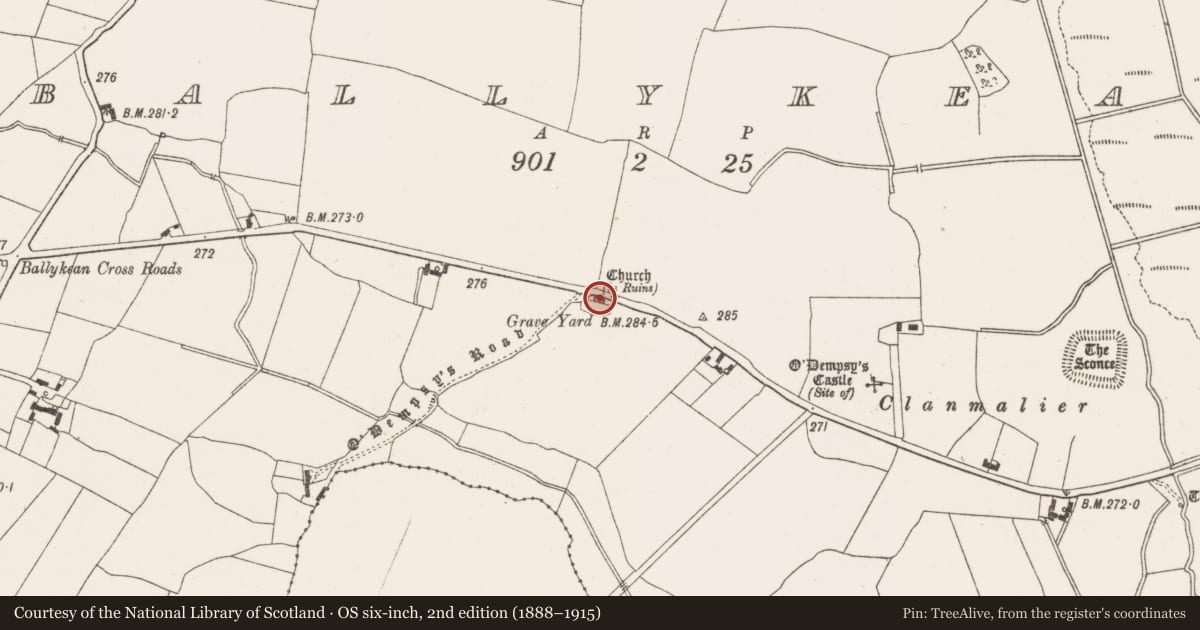 Ordnance Survey six-inch map, 2nd edition (1888–1915) covering the location of Church, Ballykean, County Offaly, with a pin at the register's coordinates