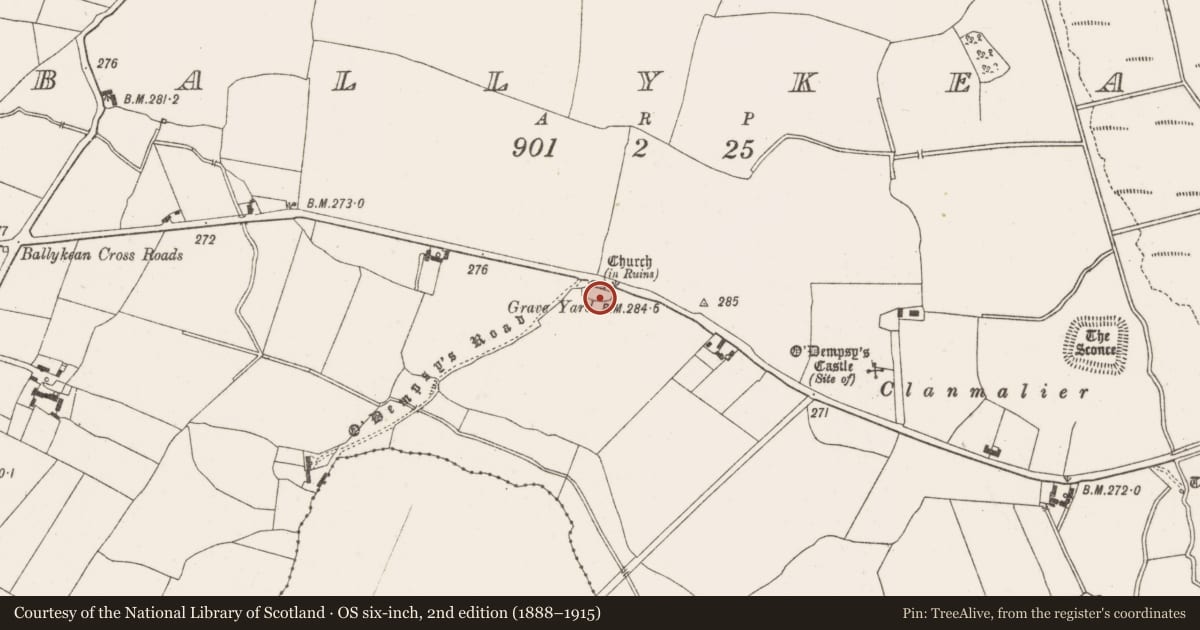 Ordnance Survey six-inch map, 2nd edition (1888–1915) covering the location of Graveyard, Ballykean, County Offaly, with a pin at the register's coordinates