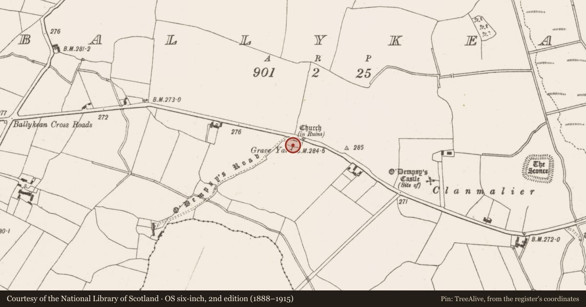 Ordnance Survey six-inch map, 2nd edition (1888–1915) covering the location of Graveslab, Ballykean, County Offaly, with a pin at the register's coordinates