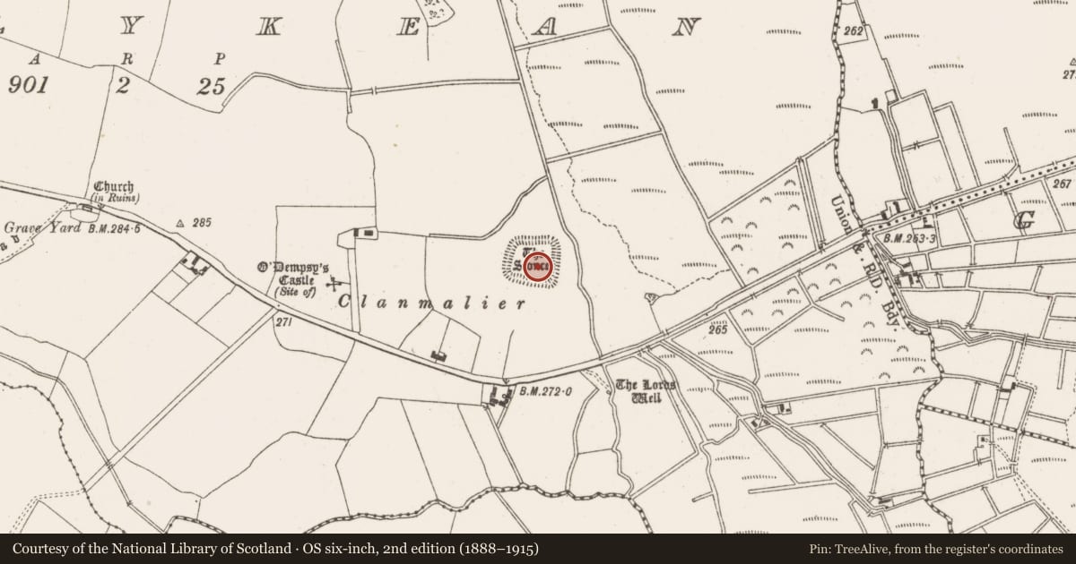 Ordnance Survey six-inch map, 2nd edition (1888–1915) covering the location of Moated site, Ballykean, County Offaly, with a pin at the register's coordinates