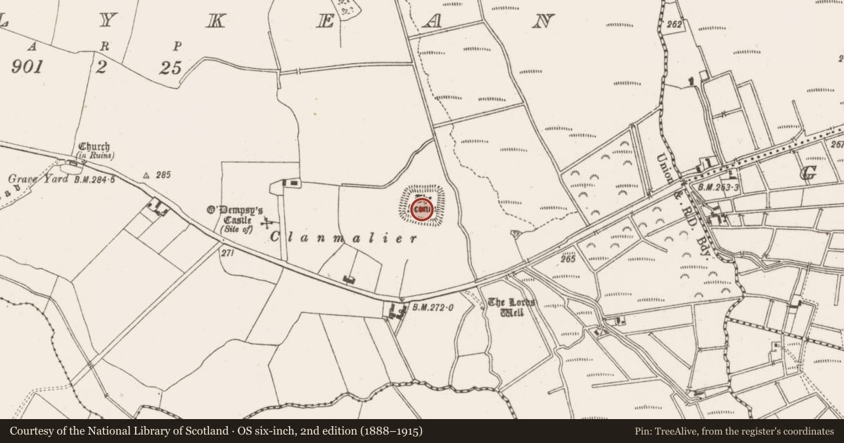Ordnance Survey six-inch map, 2nd edition (1888–1915) covering the location of House - medieval, Ballykean, County Offaly, with a pin at the register's coordinates